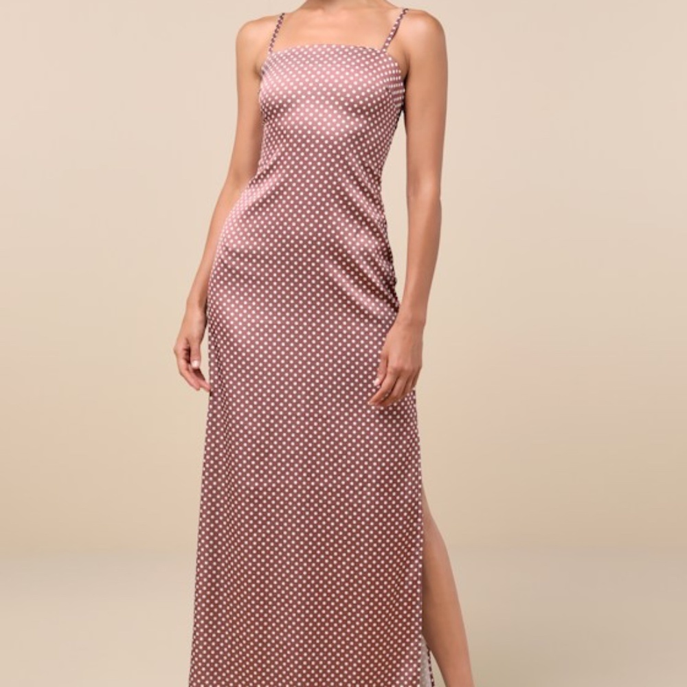 Lulus Prettiest Charm Brown Polka Dot Satin Lace-up Maxi Dress - Size L